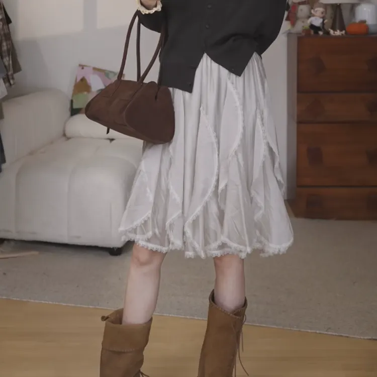 高端货~莱赛尔天丝醋酸春秋冬可搭松紧腰不规则蕾丝花边半身裙