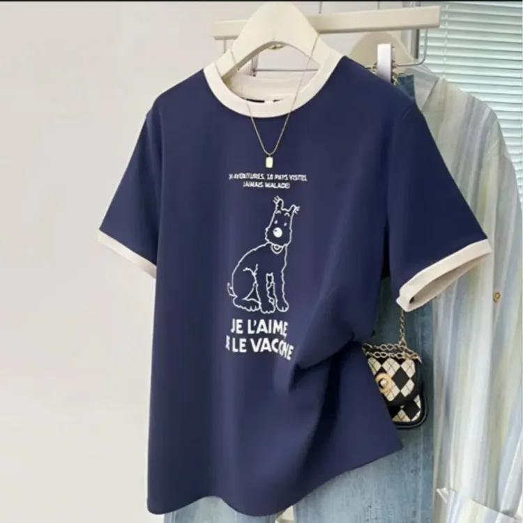 2025夏季新款大码女装正肩撞色设计减龄遮肉显瘦宽松休闲百搭短袖