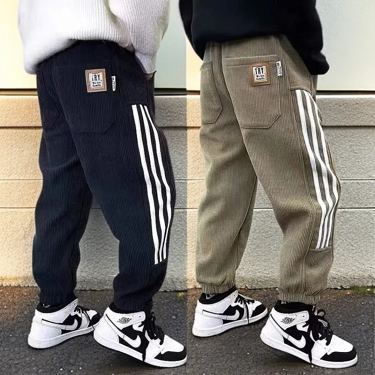 男童春秋款裤子束潮流休闲卫裤中大童春季男孩加绒宽松条纹束长裤