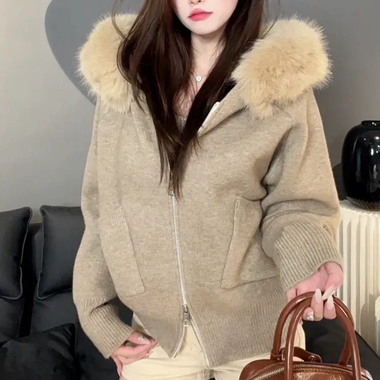 【厂家正版大毛领】韩女氛围感连帽毛领气质名媛千金穿搭针织开衫