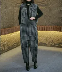 2025新款早春时尚百搭气质时尚设计师潮流气质显瘦格子套装两件套