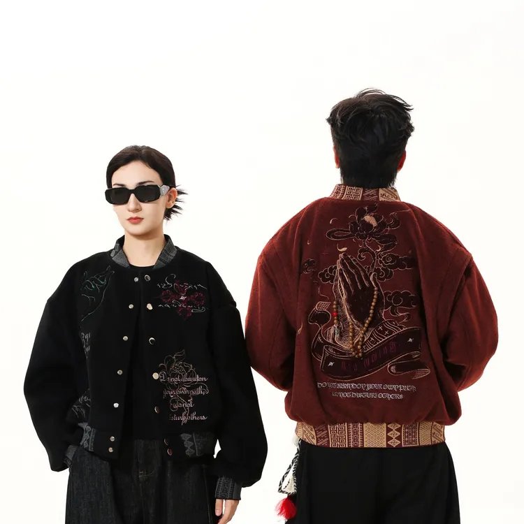 CHAWALANDRO祈祷之手秋季新款情侣美式刺绣重磅藏式棒球外套夹克