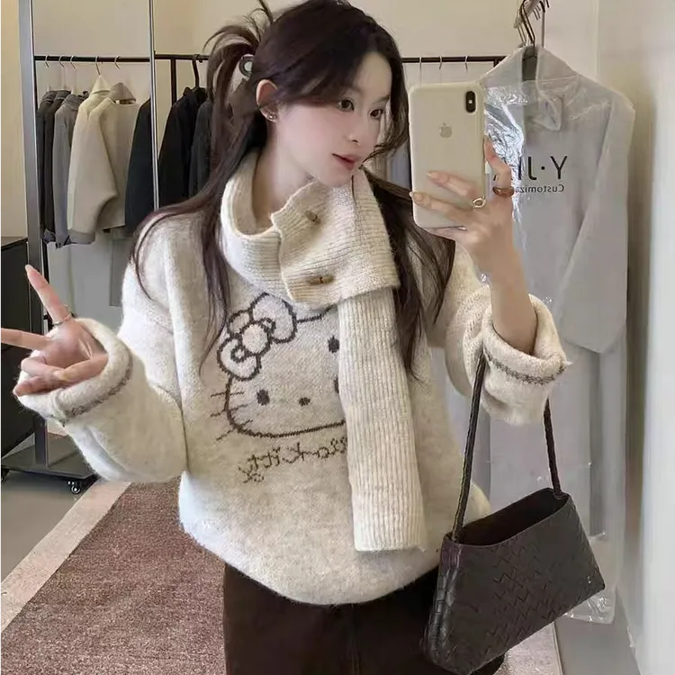 慵懒风Kitty猫提花套头毛衣女秋冬新款韩系甜美宽松百搭针织上衣