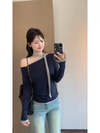 【肉肉】斜领休闲风纯欲不规则长袖T恤女绑带设计感显瘦上衣秋季