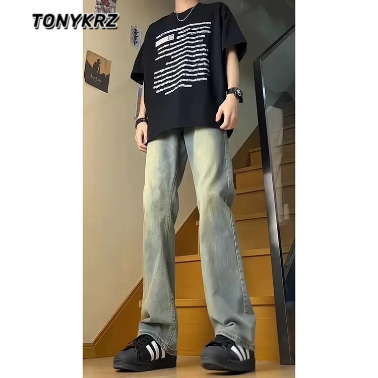 TONYKRZ牛仔裤男款直筒微喇男生美式高街潮牌痞帅炸街青少年裤子
