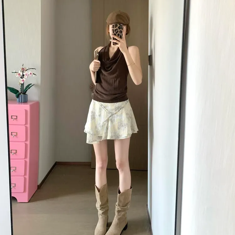 夏季新款网红洋气炸街女装荡领无袖上衣设计感小众短裙废土风套装