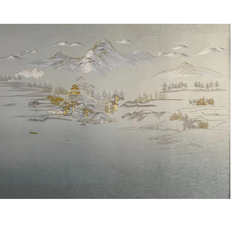 现代中式风格刺绣墙布简约山水珠光彩金升级款背景墙尺寸可定制