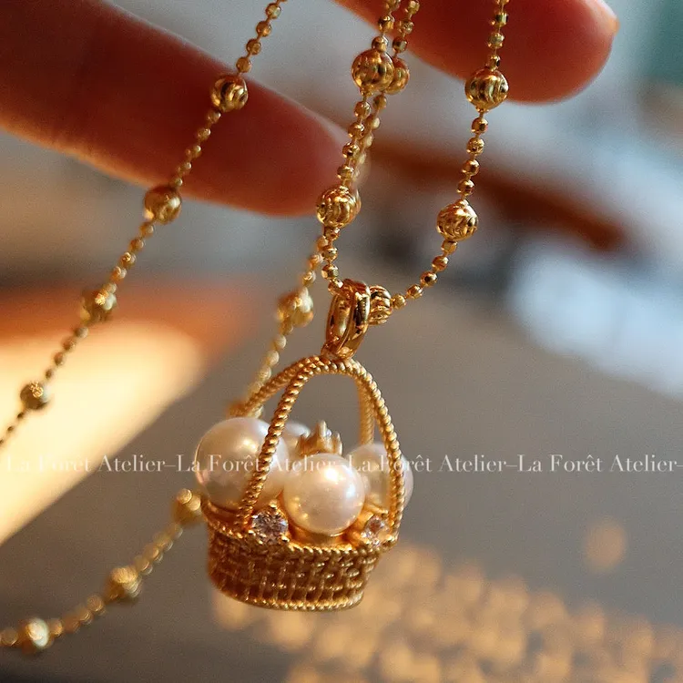 坠链均925银仿珍珠 珍珠花篮项链 S925银