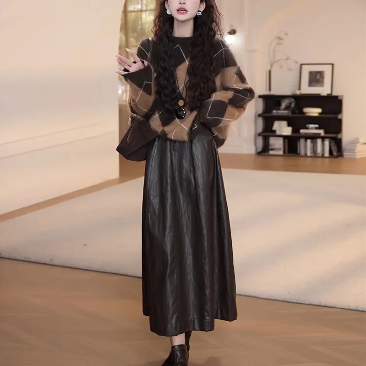 秋冬装宽松慵懒风网红格子针织衫女打底毛衣高腰半身裙时尚两件套