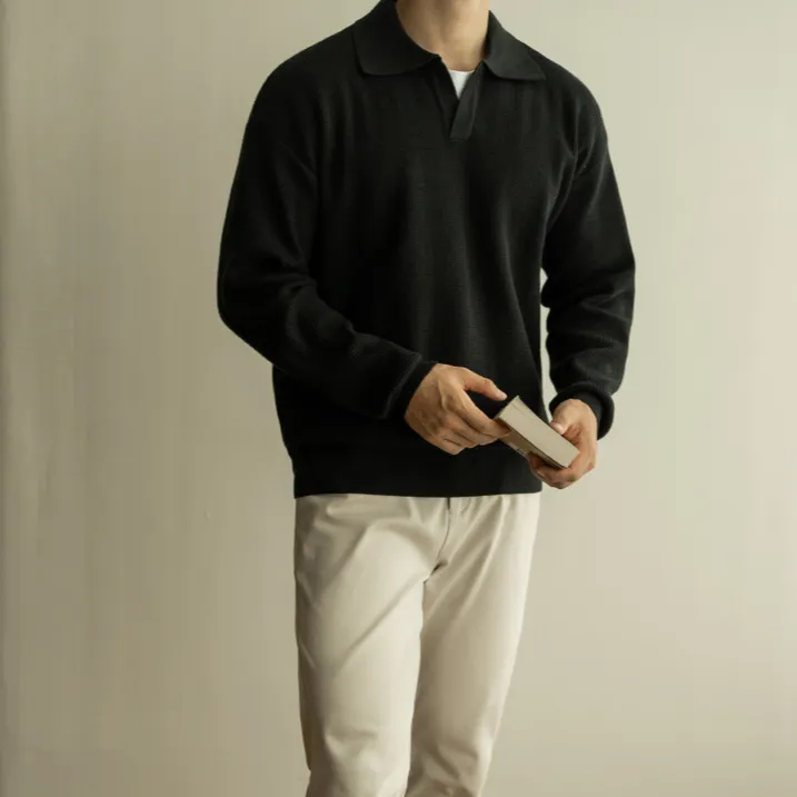 DeweLvum重磅轻熟风V领针织衫毛衣男色织翻领POLO衫长袖上衣男装