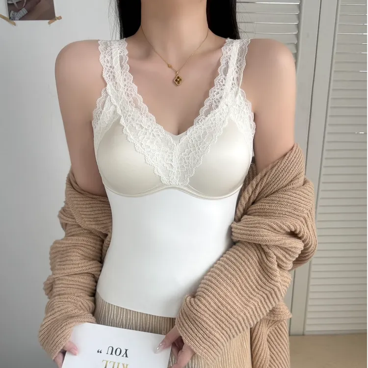 秋冬磨毛宽肩蕾丝V领背心缎面拼接固定杯性感美背8132