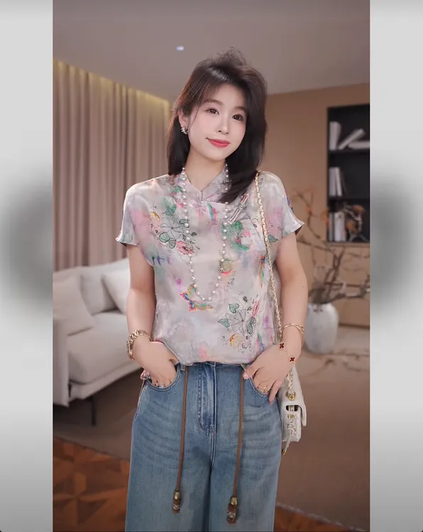 广州琴姐【蝶恋花】人丝香云纱欧若风国风中式蝴蝶上衣女夏季79386