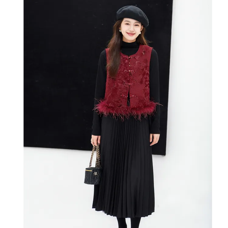 【奢姿】大码女装2025冬马甲三件套胖妹妹气质国风套装9954991099AB