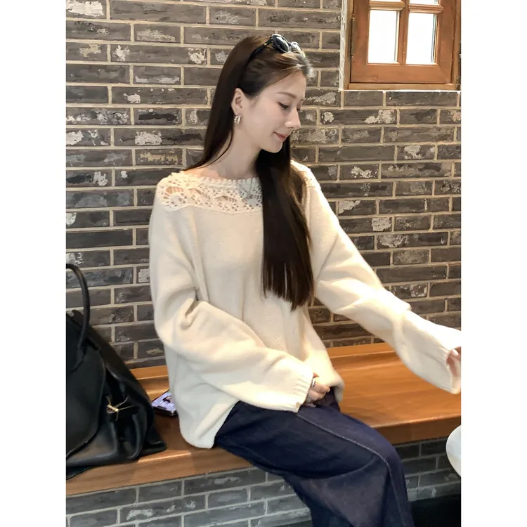 法式温柔风白色镂空宽松毛衣女2025秋季新款慵懒松弛感针织衫上衣