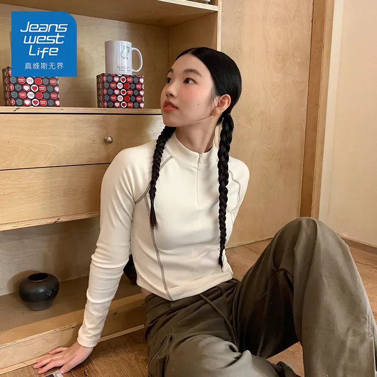 真维斯无界半拉链薄绒运动杏色长袖t恤女冬季修身加厚内搭打底衫