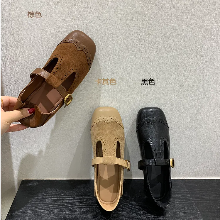 WL-9285-10复古雕花方头浅口单鞋平底小皮鞋法式玛丽珍鞋秋季女鞋