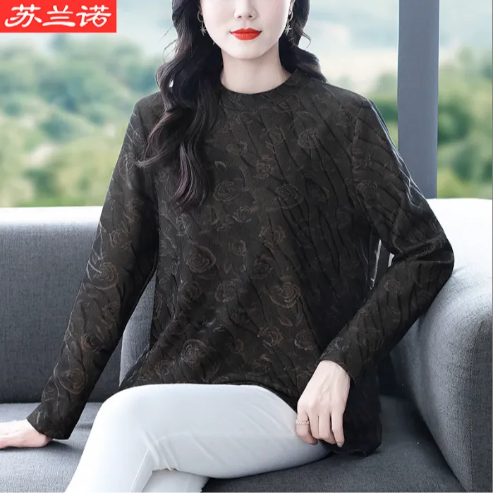 苏兰诺秋季新款大码气质百搭圆领宽松遮肉长袖上衣YT251260