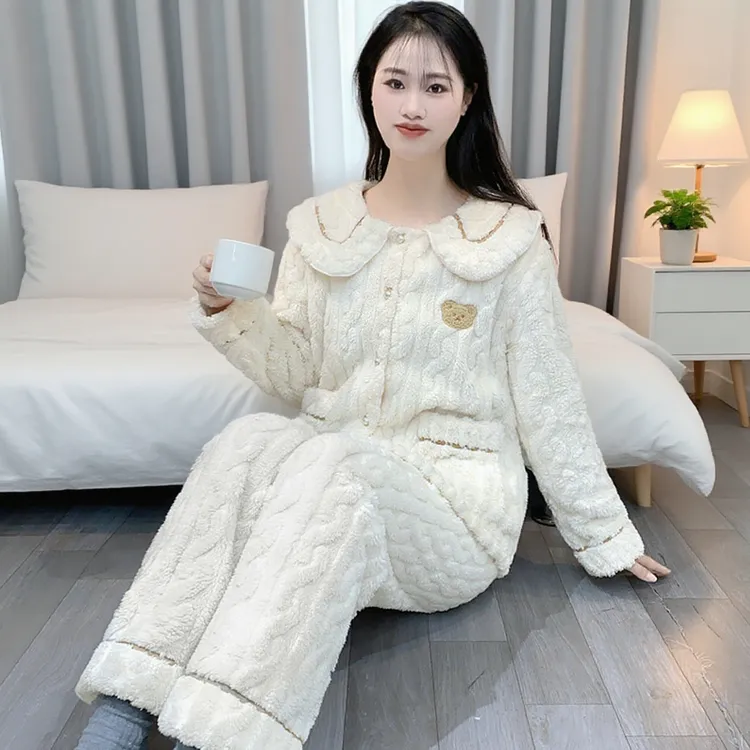 2025新款睡衣女法兰绒秋冬季加厚翻领开衫可外穿冬家居服套装Y91
