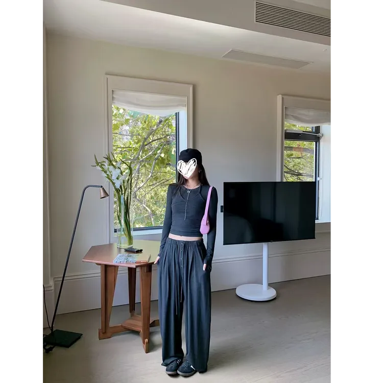 假两件设计感挂脖长袖正肩T恤女秋+"低腰宽松抽绳慵懒休闲ZXH2281