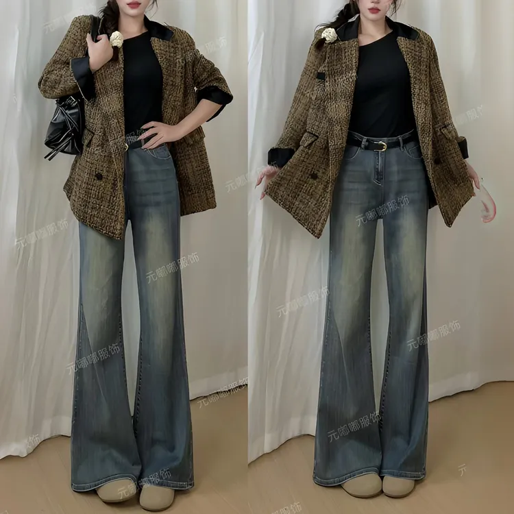 2025秋冬美式辣妹高弹不贴腿微喇裤修身宽松阔腿加绒牛仔裤