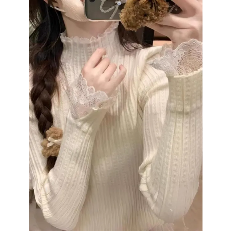 蕾丝花边针织衫毛衣女秋冬2025新款小香风内搭叠穿半高领打底上衣