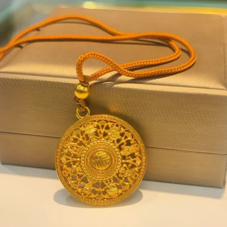 吊坠足银 银铸金八宝盘吊绳坠传承项坠素款素款古法时尚百福旋转