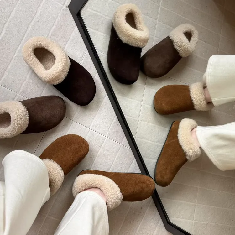 内增高羊毛真皮女鞋低帮雪地棉保暖毛毛鞋一脚蹬懒人鞋牛皮勃肯鞋