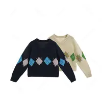 噢芬/小个子【岱屿】羊毛撞色菱格套头毛衣韩系V领针织上衣522098