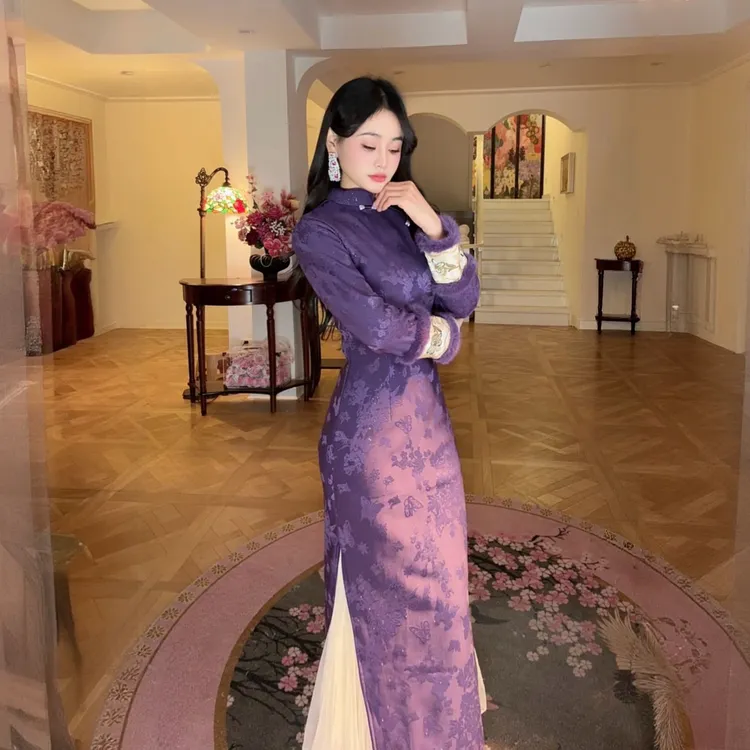 苏故里【素笺淡墨】新款冬季加绒修身显瘦气质改良新中式旗袍中长