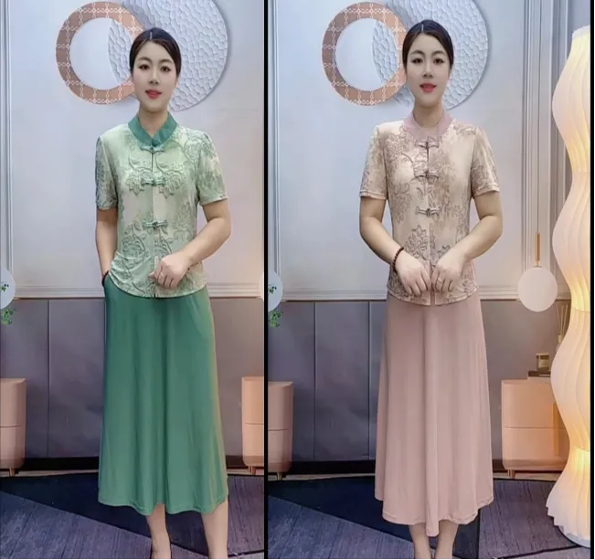 夏季新款妈妈装假两件连衣裙高档时尚气质盘扣裙子显瘦新中式女