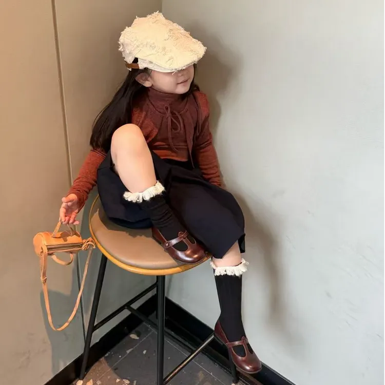 小思家女童2025秋季新款韩版时尚半高领背心针织开衫阔腿裤套装