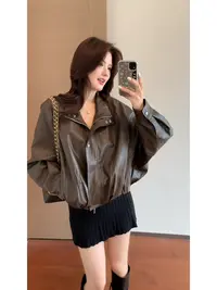 【肉肉】韩版气质花苞重工短款皮衣外套女立领高级感盐系上衣宽松