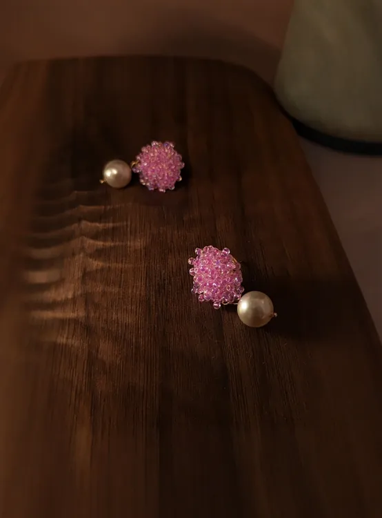 合金玻璃耳饰 少女风白色甜美女粉红拼色耳钉手工轻奢小香风珍珠