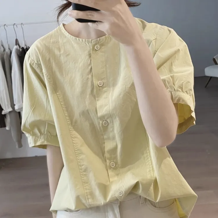 1132 纯棉圆领短袖衬衫女夏新款显瘦简约小众设计感短袖减龄上衣