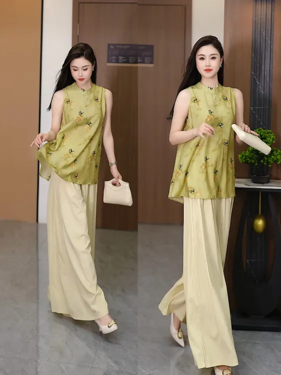 新中式风印花无袖背心套装女2025夏新款宽松休闲阔腿裤两件套