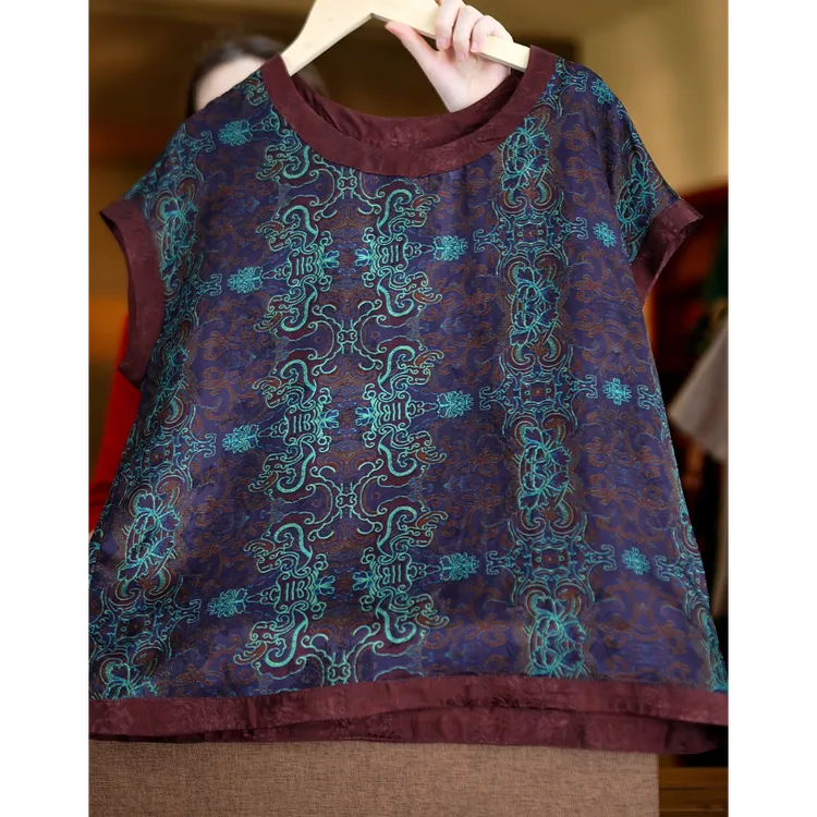 山渐青<<非遗美学>>1297香云纱新中式国风圆领复古印花薄款上衣