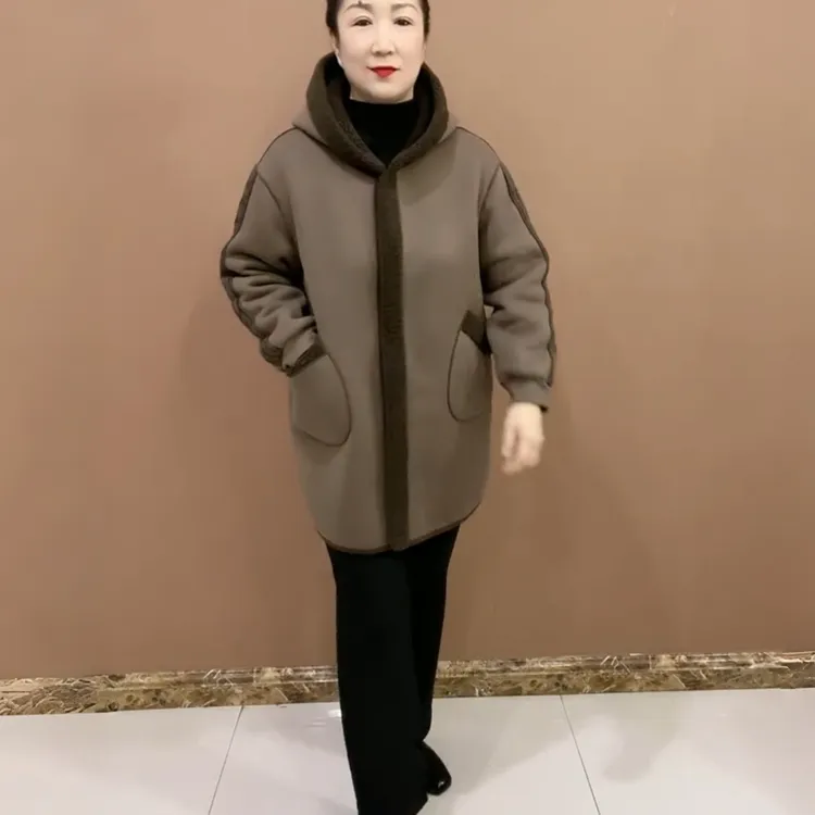 加绒连帽风衣外套时尚中长款中老年女装拼色加厚外套