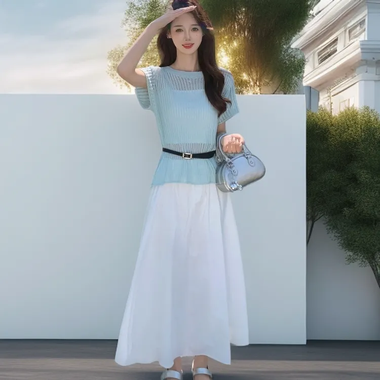 休闲套装女2025夏季新款小香风法式赫本风镂空罩衫加半身裙两件套