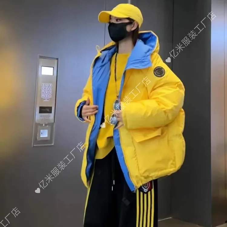 欧货潮流2025冬季新款时尚字母印花撞色连帽宽松中长款棉衣外套