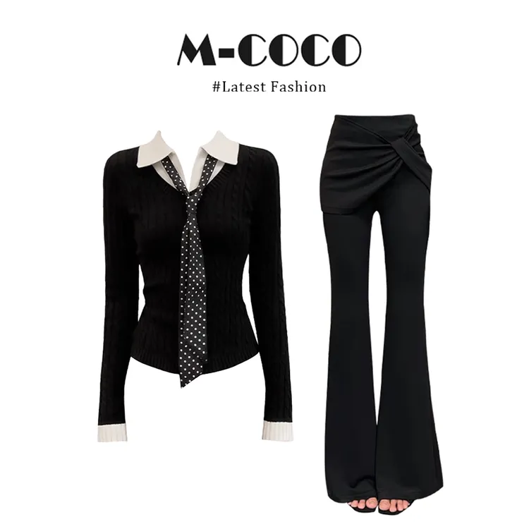 韩系辣妹风撞色波点领带麻花针织毛衣喇叭裤冬季套装