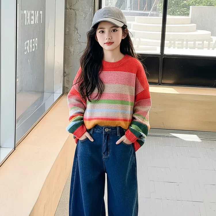 女童彩虹毛衣套装2025新款韩版女孩时尚中大童洋气宽松弯刀牛仔裤