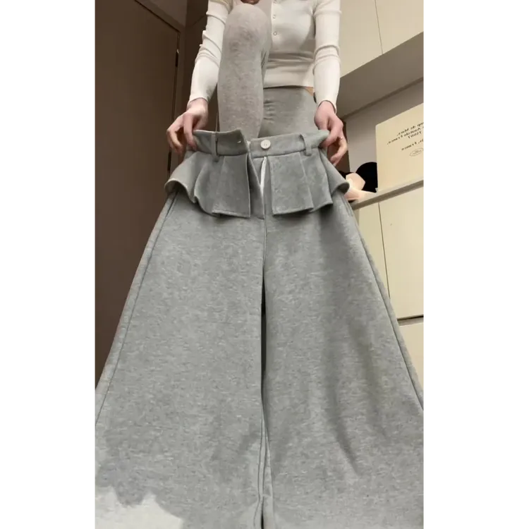 【花边卫裤】冬季荷叶边加绒休闲裤女韩版高腰显瘦阔腿裤