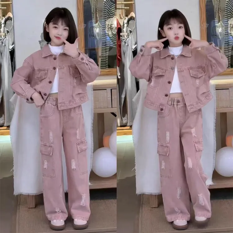 女童秋套装2025新款韩系穿搭破洞牛仔外套裤子两件套秋季女孩衣服