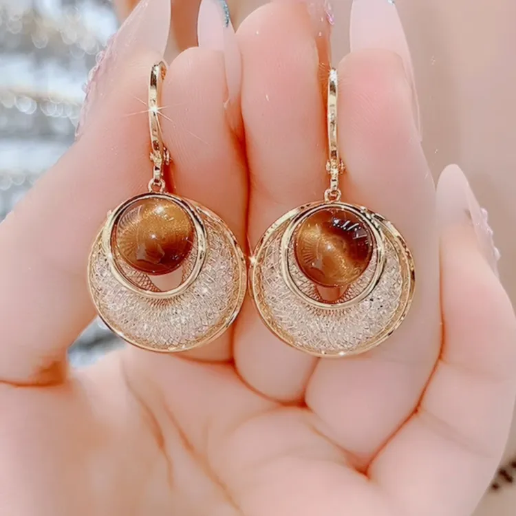 铜合金合成锆石耳饰 0745时尚精致百搭气质美拉德色耳扣耳环