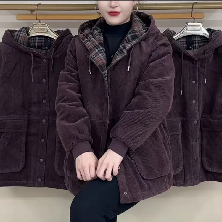 《专柜品质》冬季气质中老年妈妈时尚百搭加厚保暖条绒夹棉连帽外套