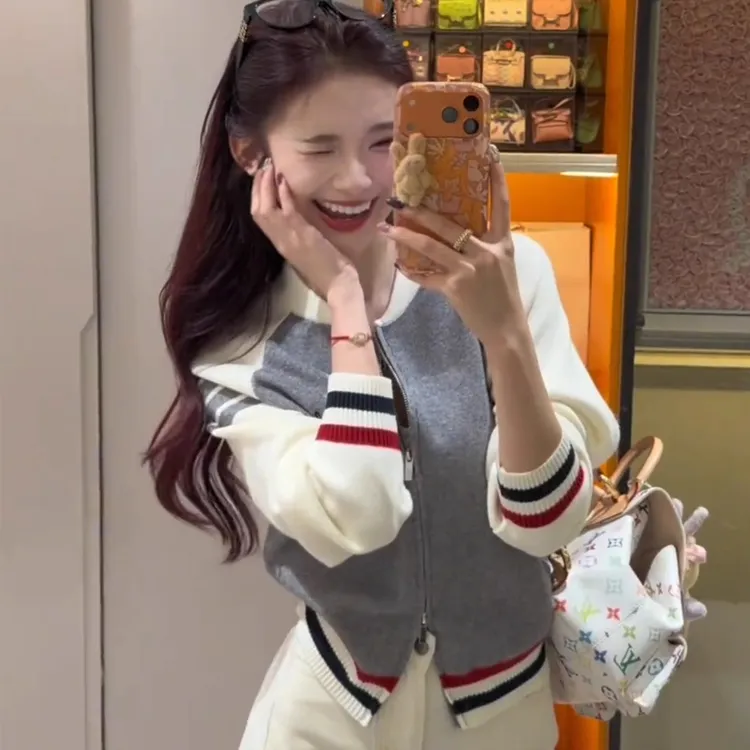 法式慵懒风氛围感撞色条纹针织开衫女2025秋冬新款宽松高级感上衣