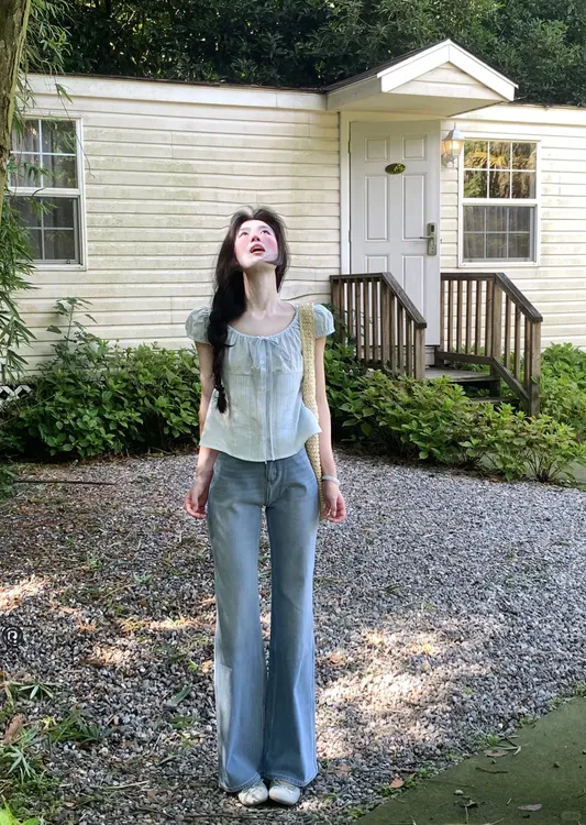 2025夏季新款韩系穿搭高级感收腰百搭小衫上衣搭配牛仔裤两件套女