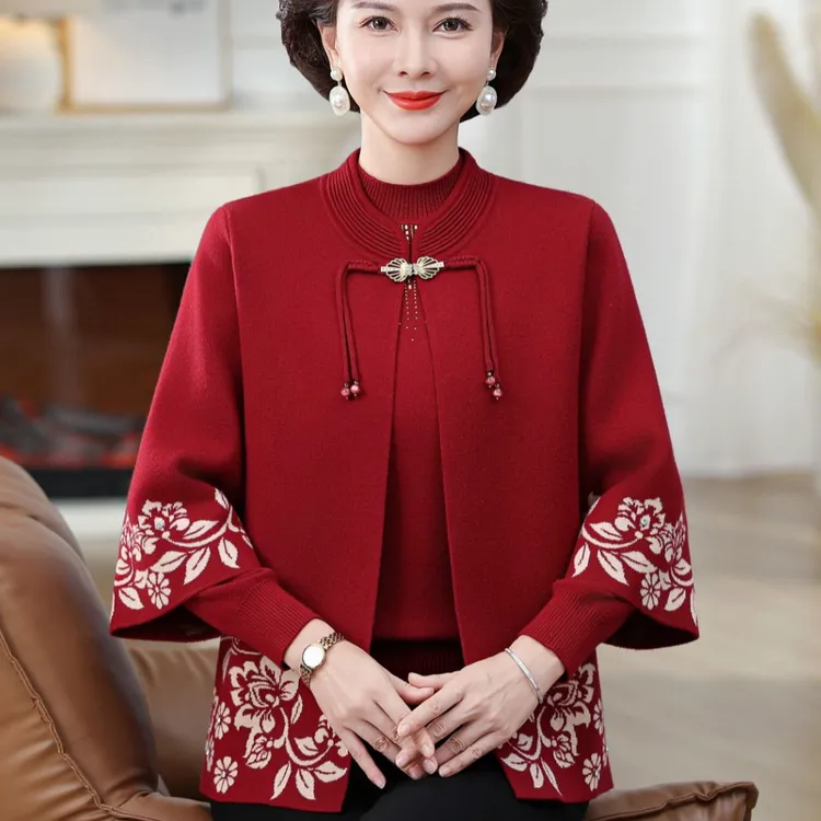2025新中式妈妈秋装国风外套上衣中老年女秋冬针织毛衣开衫两件套