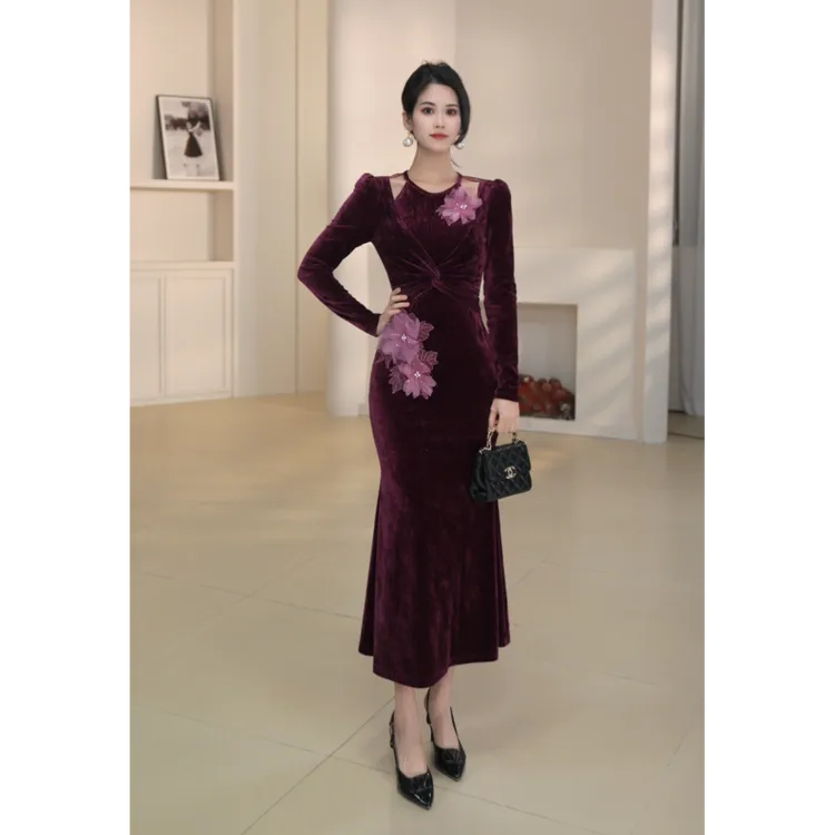 NaiAn/奈安 设计感性感气质高贵宴会礼服优雅修身褶皱连衣裙28013