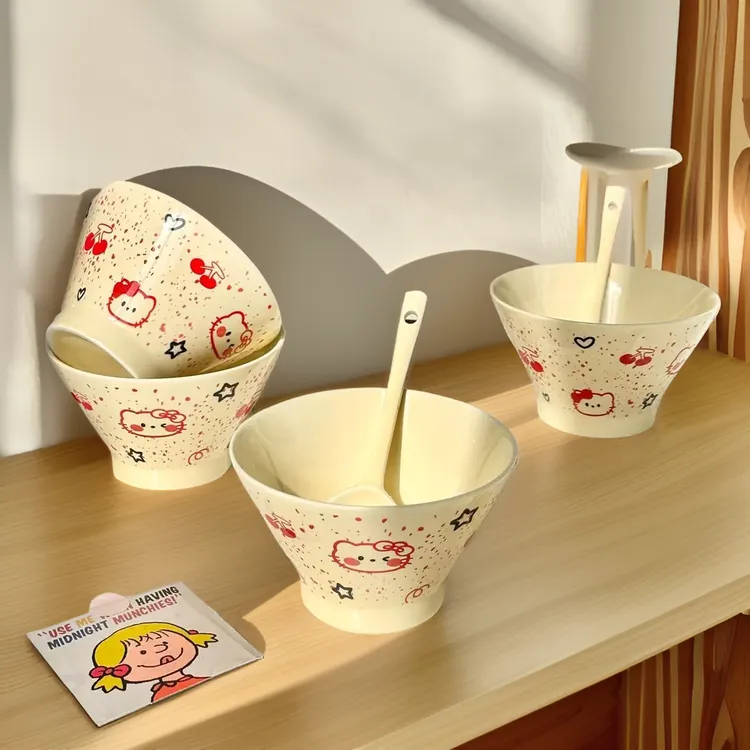 樱桃腮红猫ins高颜值少女饭碗甜品碗釉下彩陶瓷餐具可爱家用yj